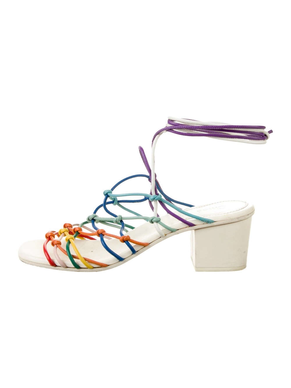 Chloe Knotted Ankle Wrap Block Heel Sandal with Rainbow Straps